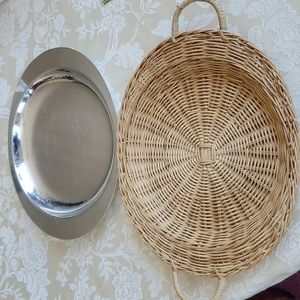 VINTAGE Nasco silver dining plates with wicker holders